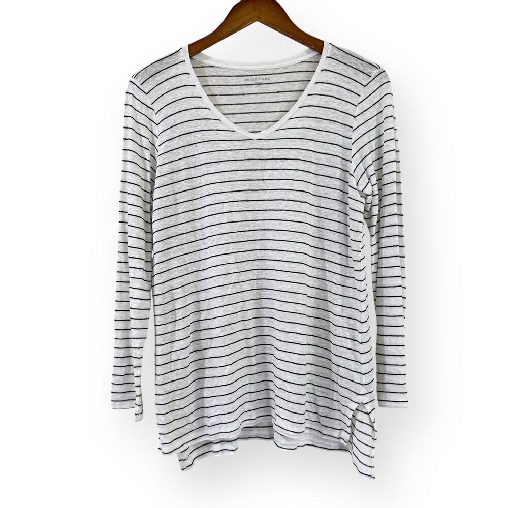 Eileen Fisher Striped Organic Linen Knit Tee S Black White V-Neck Long Sleeve